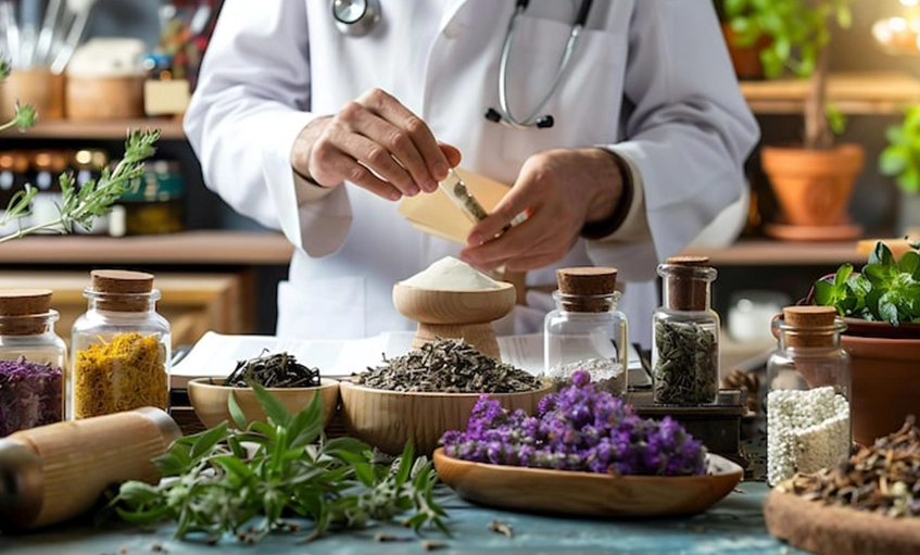 Herbalist Preparing Natural Remedies with Dried Herbs in Apothecary Setting